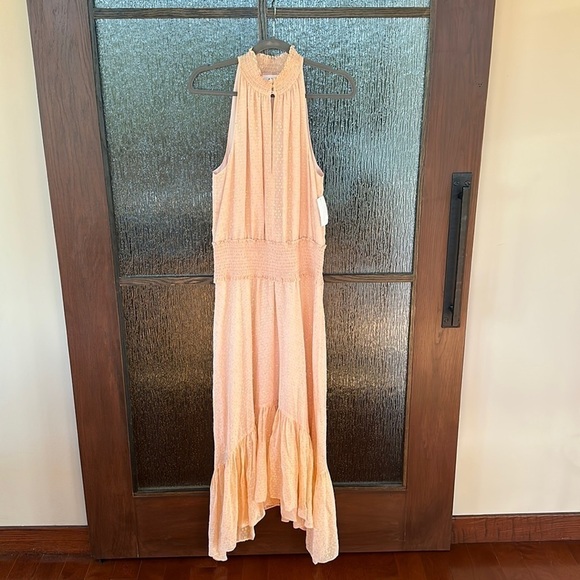 A L C peach sleeveless dress with gold threading throughout New with tags size 6 - Picture 5 of 11